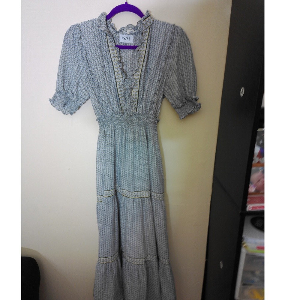 Max Studio Maxi Dress Womens L Blue Yellow Geometric Boho Ruffle Tiered Smocked